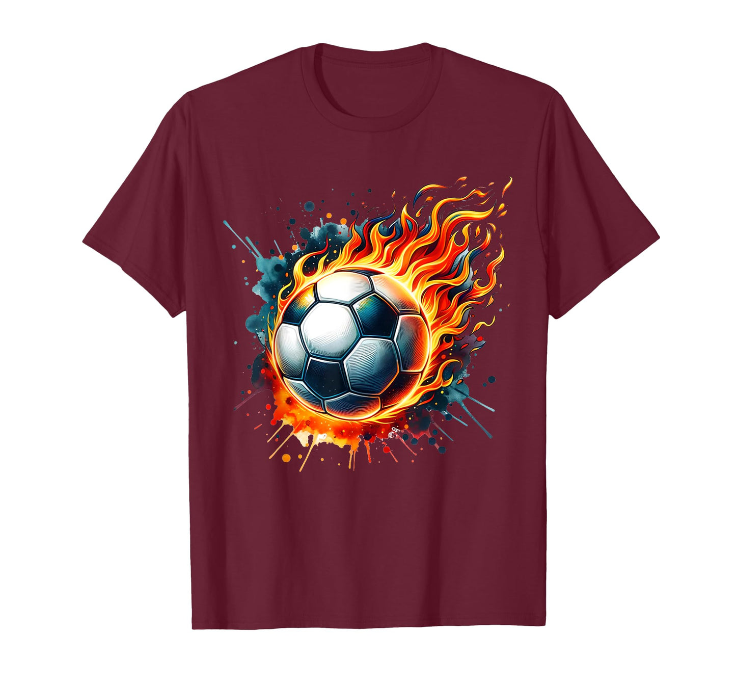 Flaming Soccer Ball on Fire Colorful Splash Sports Lover Fan T-Shirt