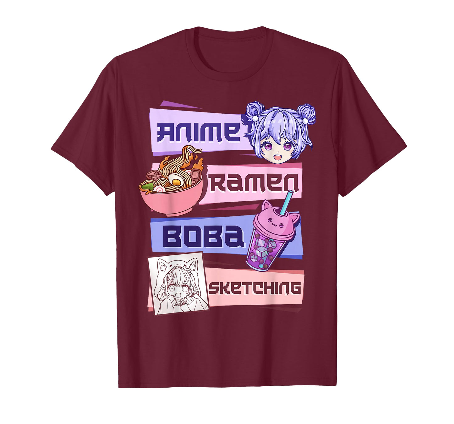 Anime Girl Ramen Boba Tea Bubble Tea Sketching T-Shirt