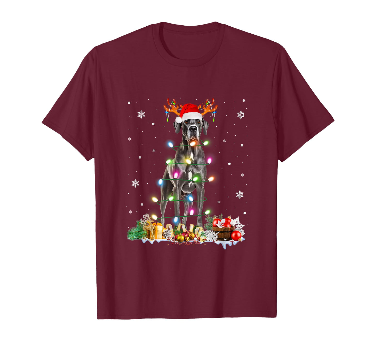 Great Dane Christmas Santa Hat Fairy Lights Pajama Dog Lover Men Women Kids T-Shirt