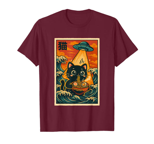 Japanese Anime Vintage Ramen Ukiyo-e UFO Kawaii Funny Cat T-Shirt