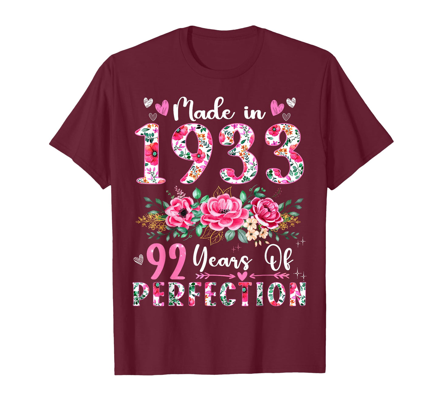 92 Year Old Made In 1933 Floral 92th Birthday Women T-Shirt
