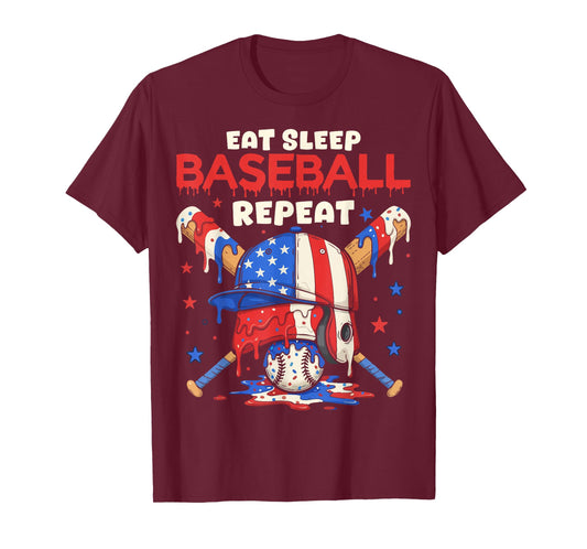 Eat Sleep Baseball Repeat Funny Ice Cream Drip Crossed Bats T-Shirt