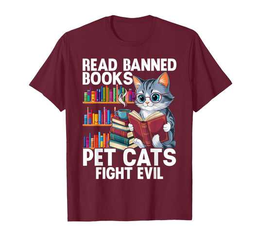 Pet Cats Fight Evil Read Banned Books T-Shirt