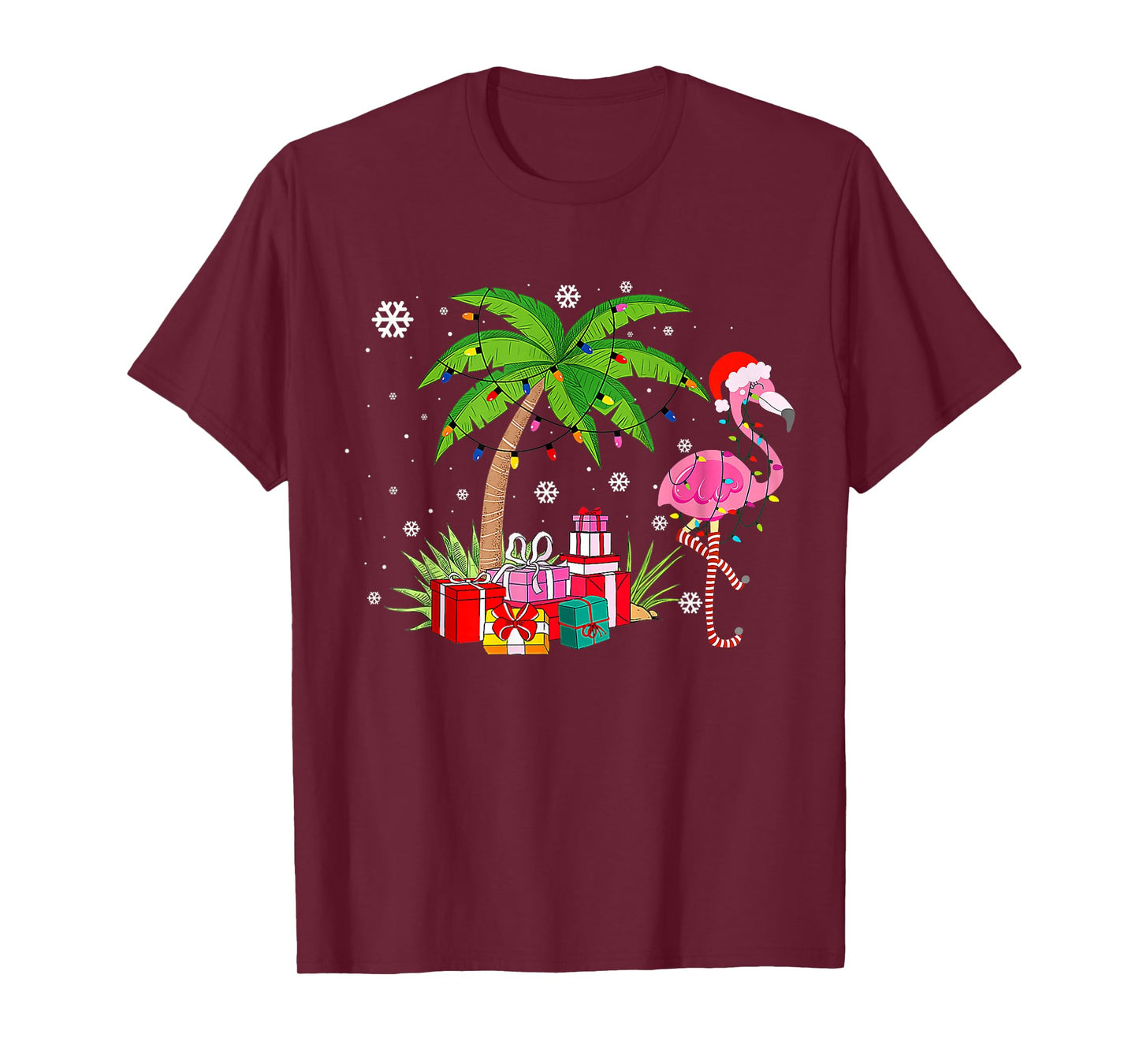 Pink Flamingo Christmas Palm Tree Tropical Xmas Funny T-Shirt