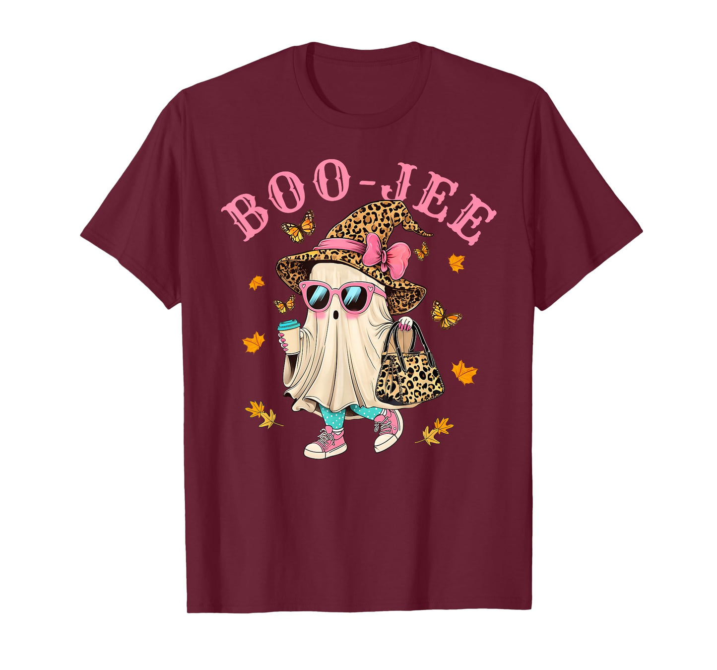 Cute Boo Jee Leopard Ghost Halloween Coffee Women Girl T-Shirt