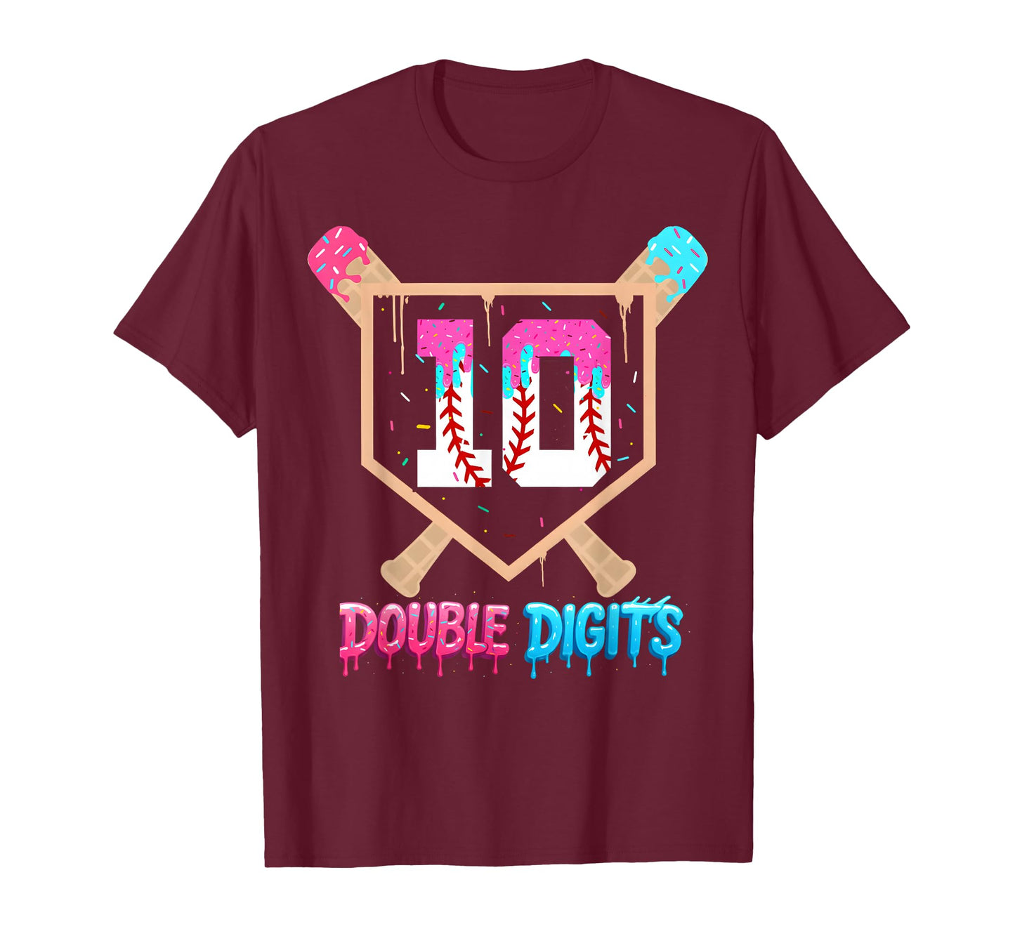 Baseball 10 Year Old Ice Cream Drip 10th Bday Double Digits T-Shirt