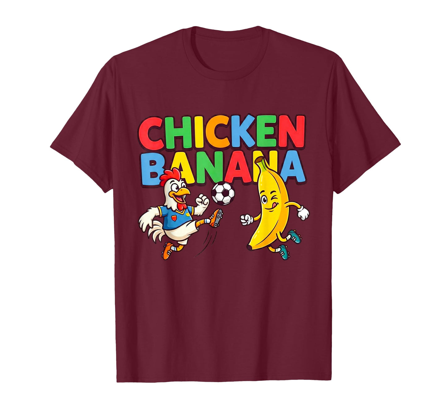 Funny Cartoon Chicken Banana Soccer Player Ball Graphic Tee T-Shirt