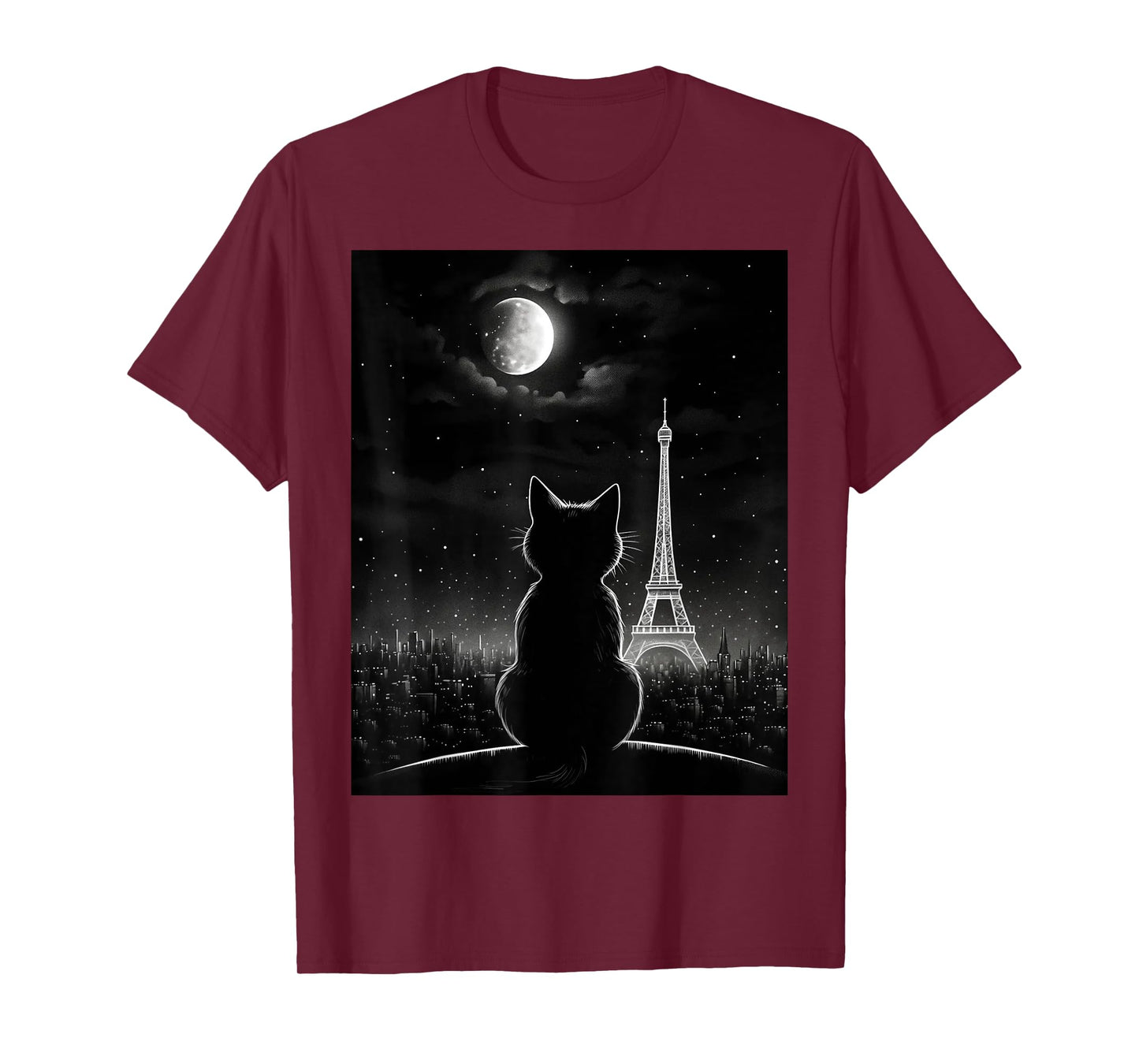 Aesthetic Black Cat Star Night Eiffel Tower In Paris T-Shirt