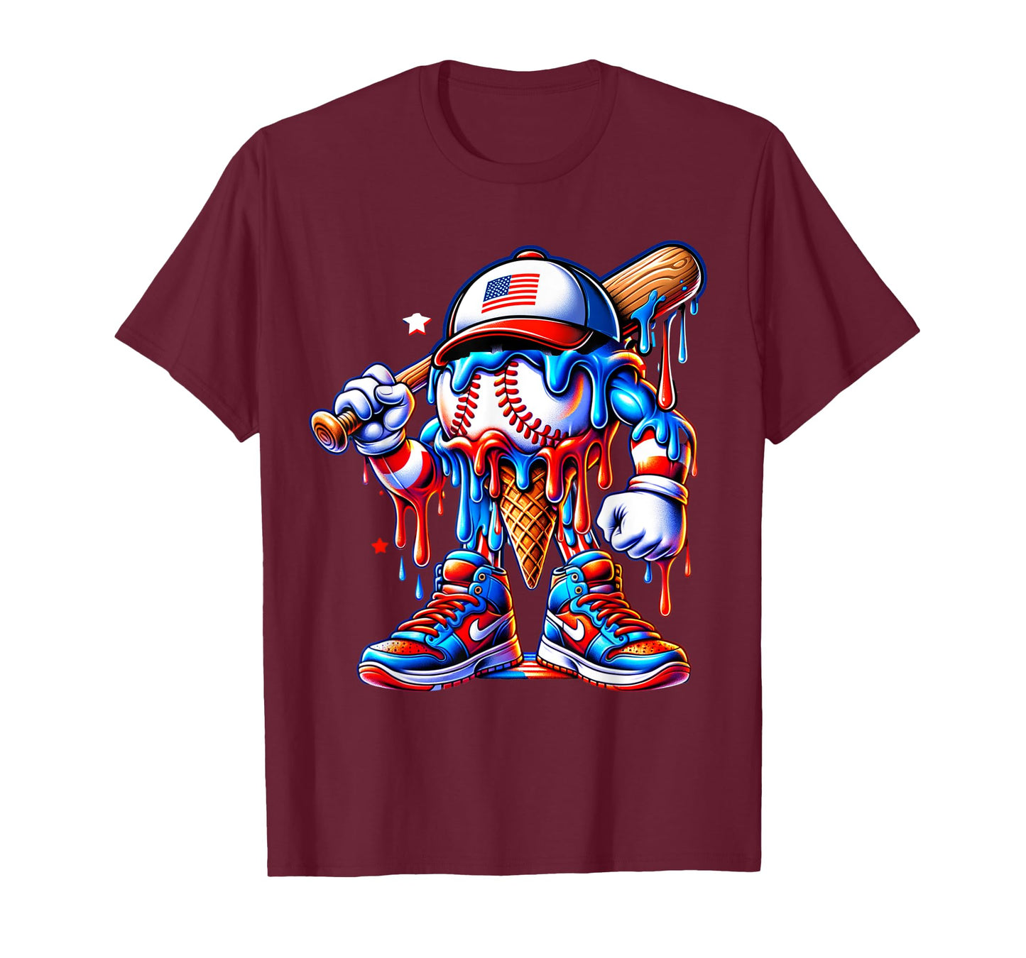 4th of July Red White and Blue Baseball Ice Cream Drip Boys T-Shirt