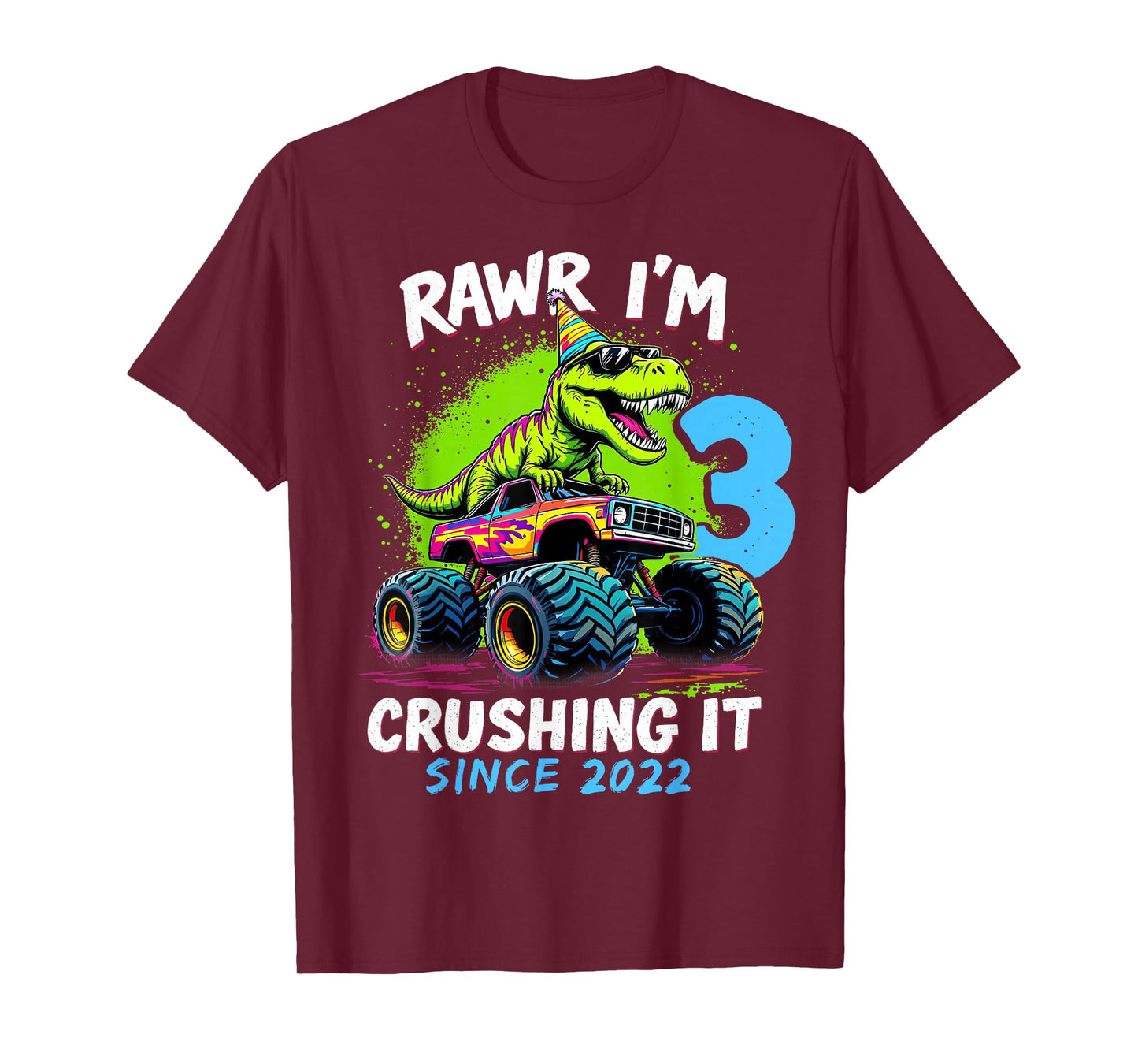 3rd Birthday Monster Truck Dinosaur Party Boys Rawr I'm 3 T-Shirt