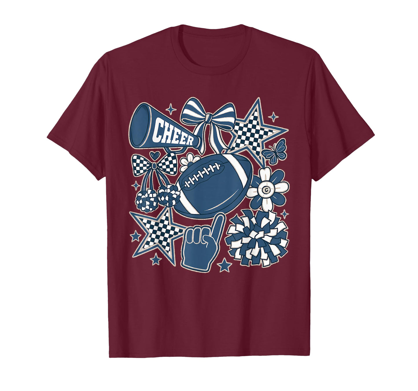 Coquette Bow Football Blue Game Cheer Mom Touchdown T-Shirt