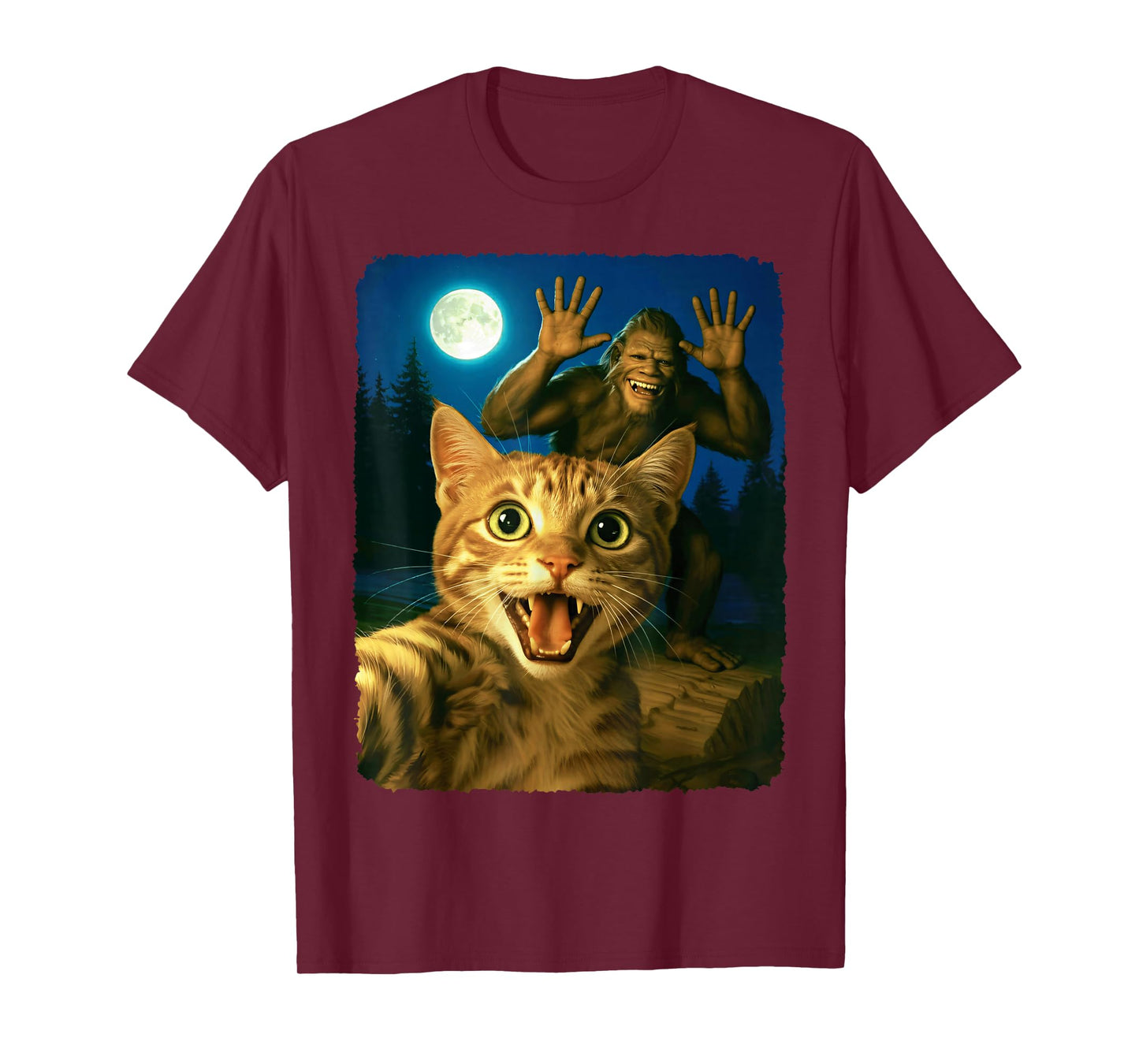 Scared Cat Selfie with Bigfoot Funny Sasquatch Cat Meme Cute T-Shirt