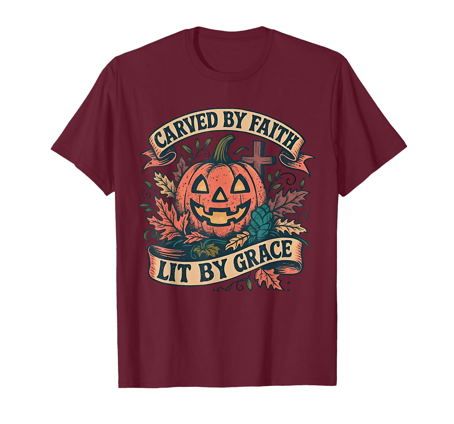Vintage Carved by Faith Lit by Grace Boho Floral Pumpkin T-Shirt