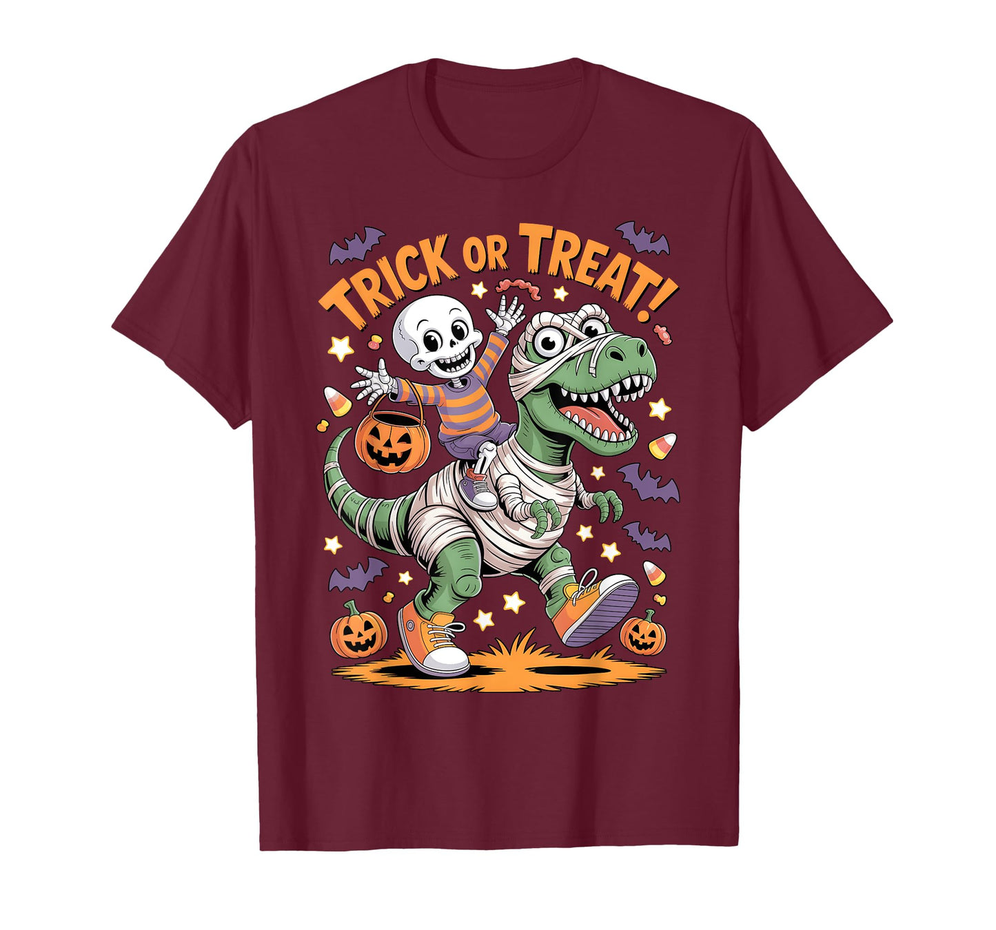 Skeleton Mummy T Rex Dinosaur Trick Or Treat Halloween Kids T-Shirt