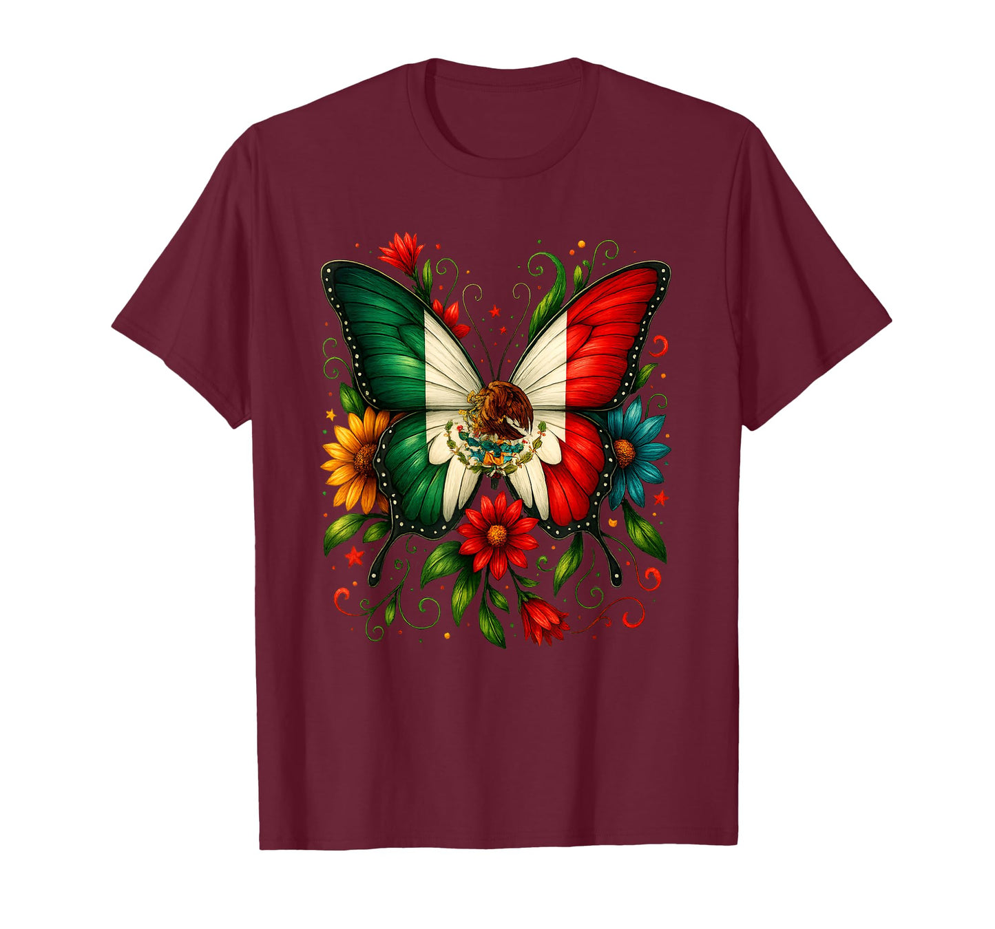 Mexico Flag Butterfly Flowers Mexican Independence Day Kids T-Shirt