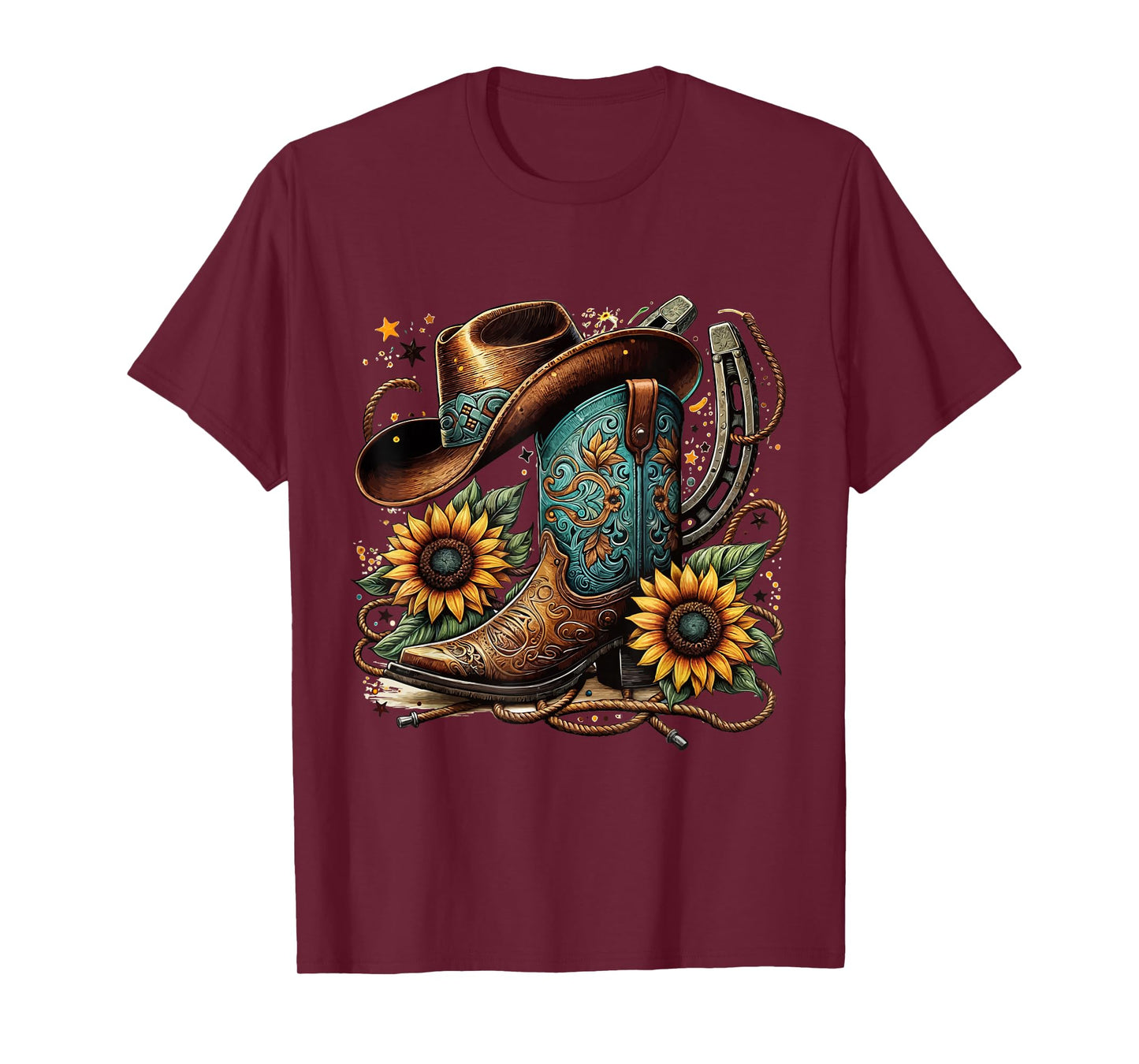 Western Cowboy Boot Horseshoe Sunflower Rope Cowgirl Boot T-Shirt, Small, Black