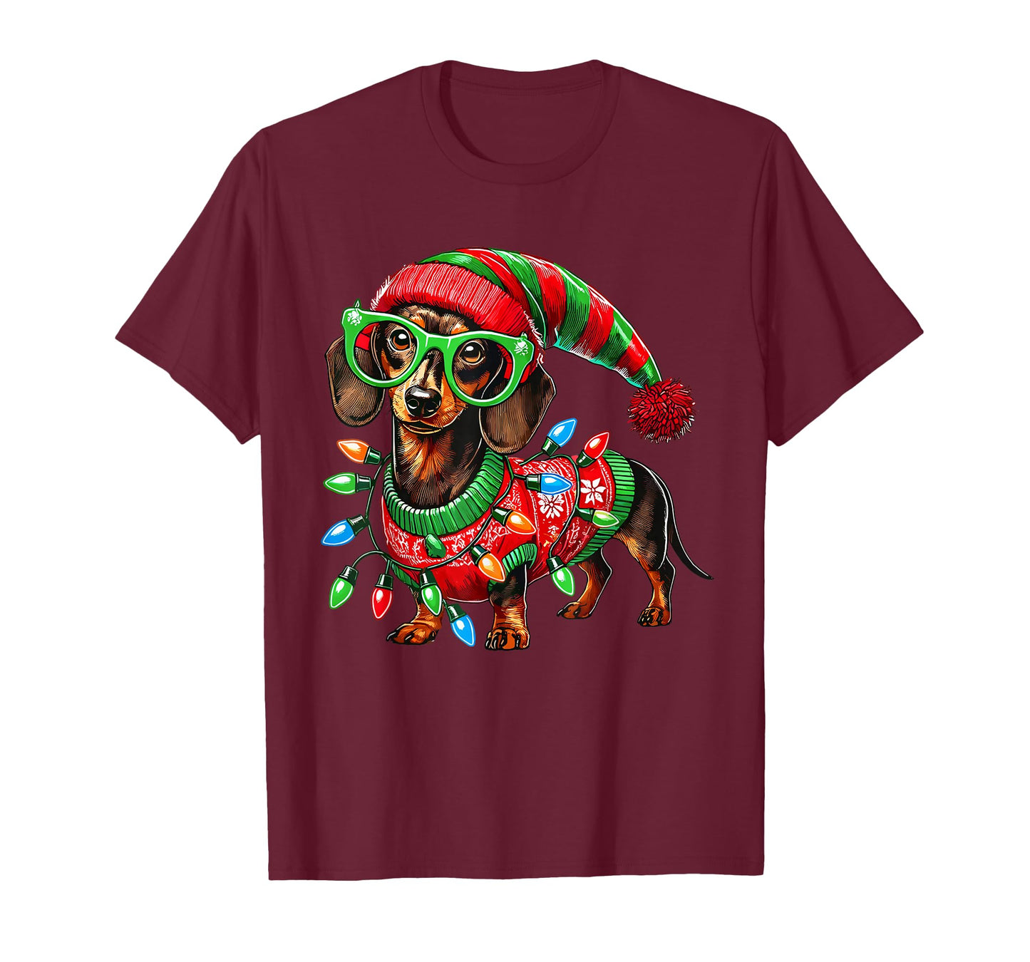 Christmas Dachshund Dog Elf Costume Xmas Light Holiday T-Shirt
