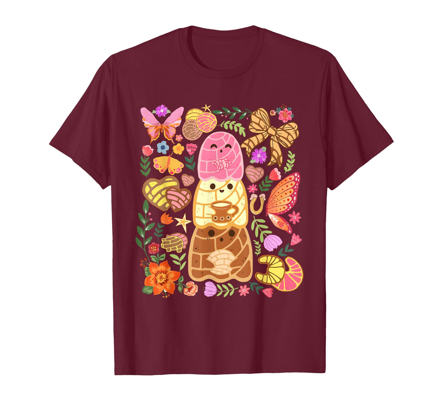 Cute Concha Bread with Butterflies and Flowers Kawaii T-Shirt