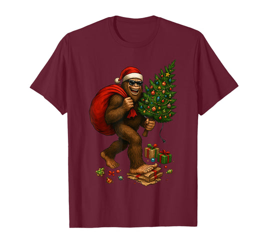 Bigfoot Santa Christmas Tree Lights Xmas Boys Men Sasquax T-Shirt