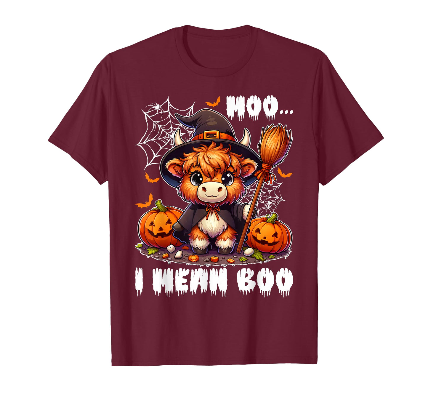Moo I Mean Boo Highland Cow in Witch Costume Halloween Day T-Shirt