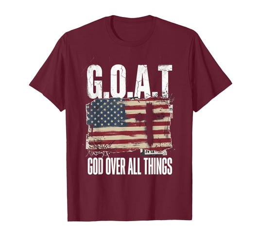 God Over All Things Goat Christian American Flag Cross T-Shirt
