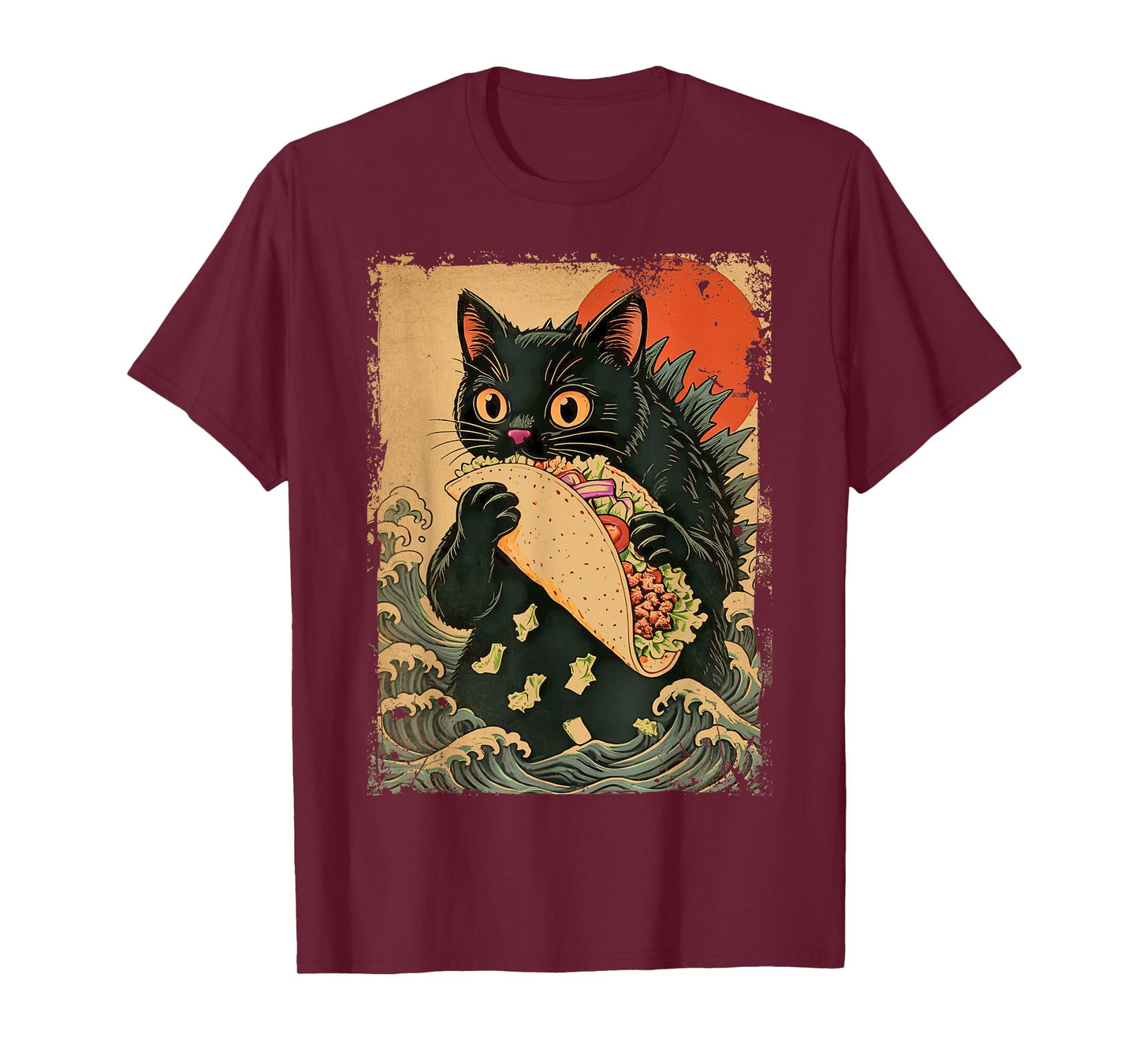 Funny Black Cat Eating Tacos Retro Japanese Anime Teens Kids T-Shirt
