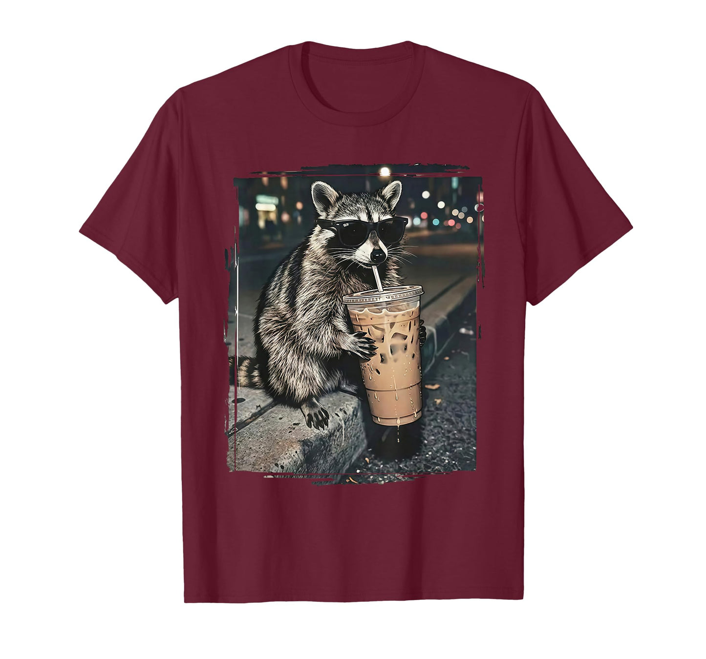 Raccoon Drinking Iced Coffee Funny Animal Meme Men Women T-Shirt