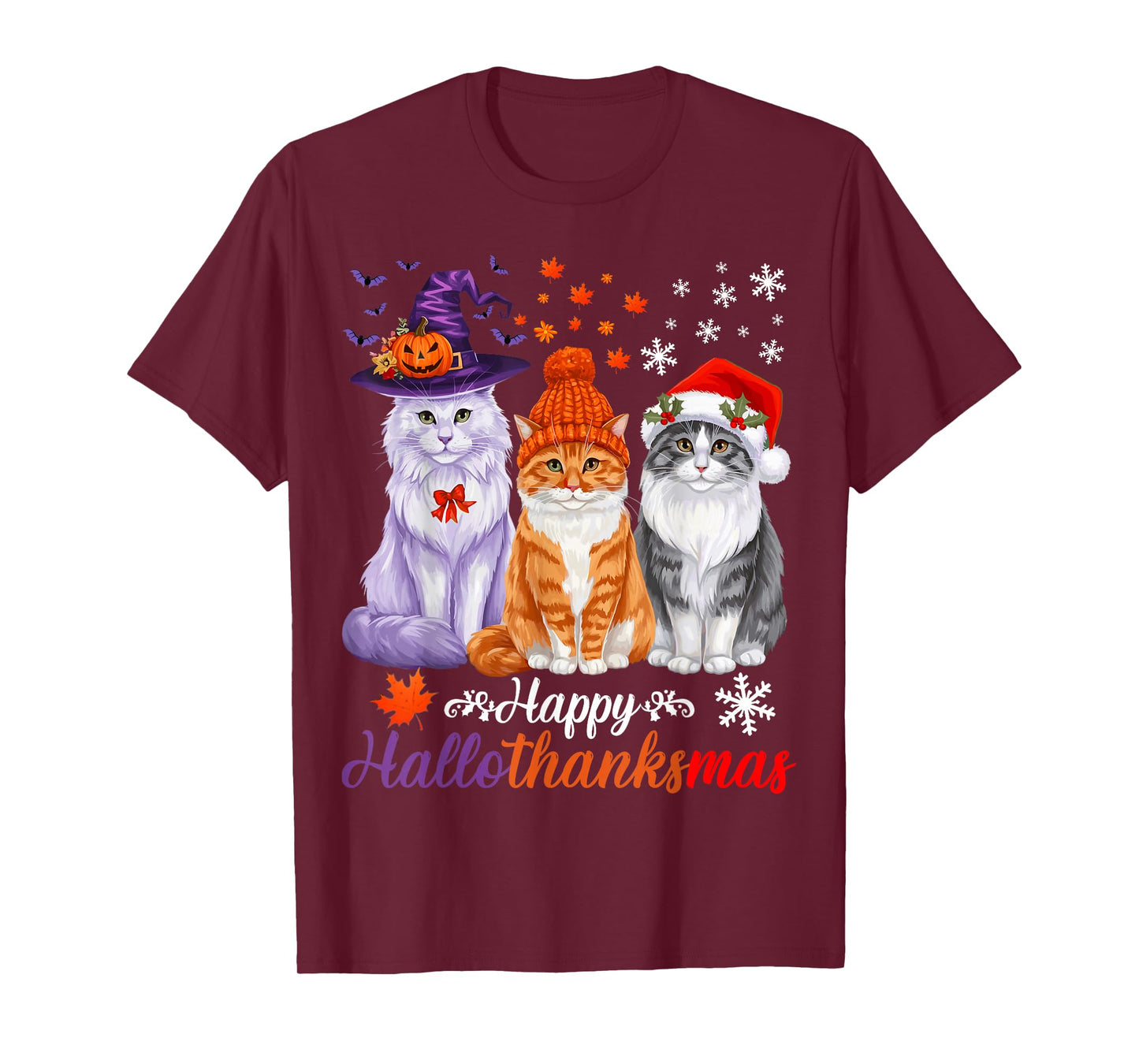 Happy HalloThanksMas Cats Halloween Thanksgiving Christmas T-Shirt