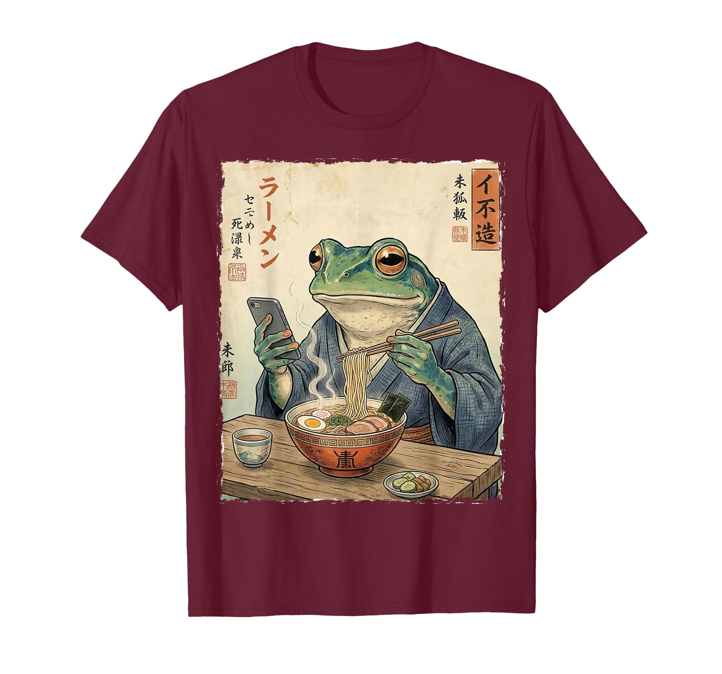 Funny Grumpy Frog Eat Ramen and Scroll Phone Japanese Art T-Shirt
