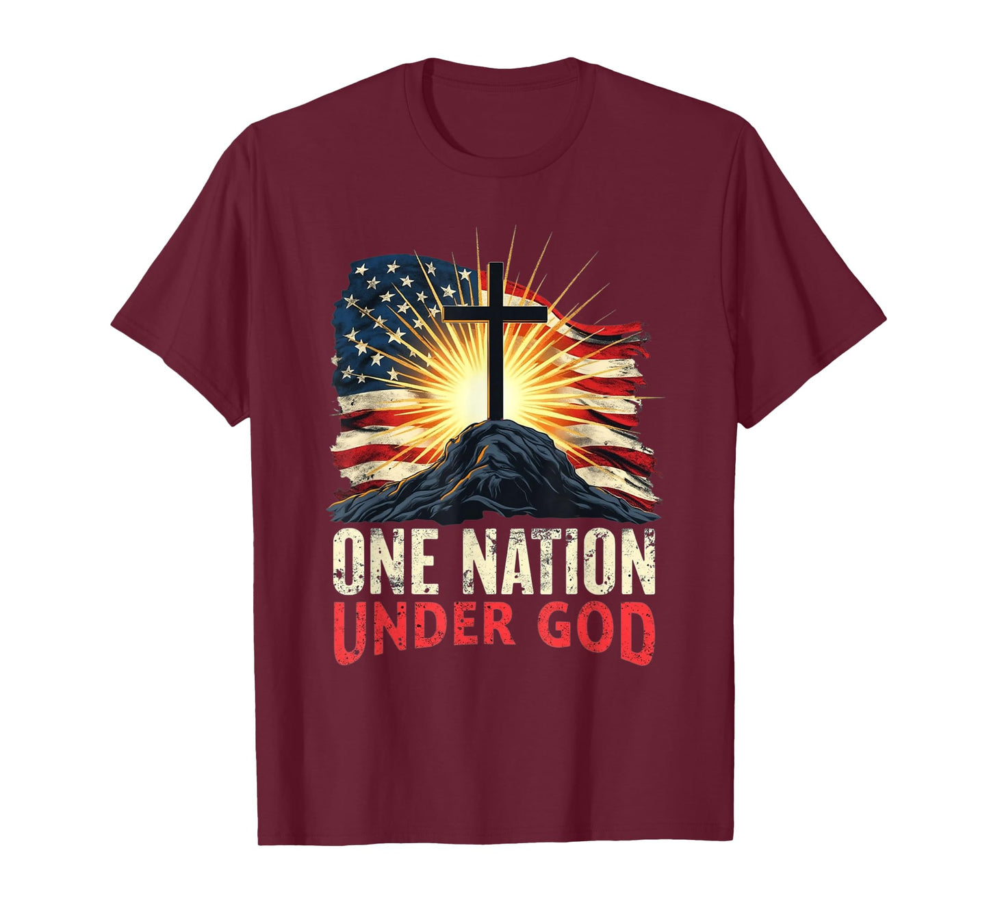 American Flag Cross Sunrise Patriotic Christian Faith Retro T-Shirt