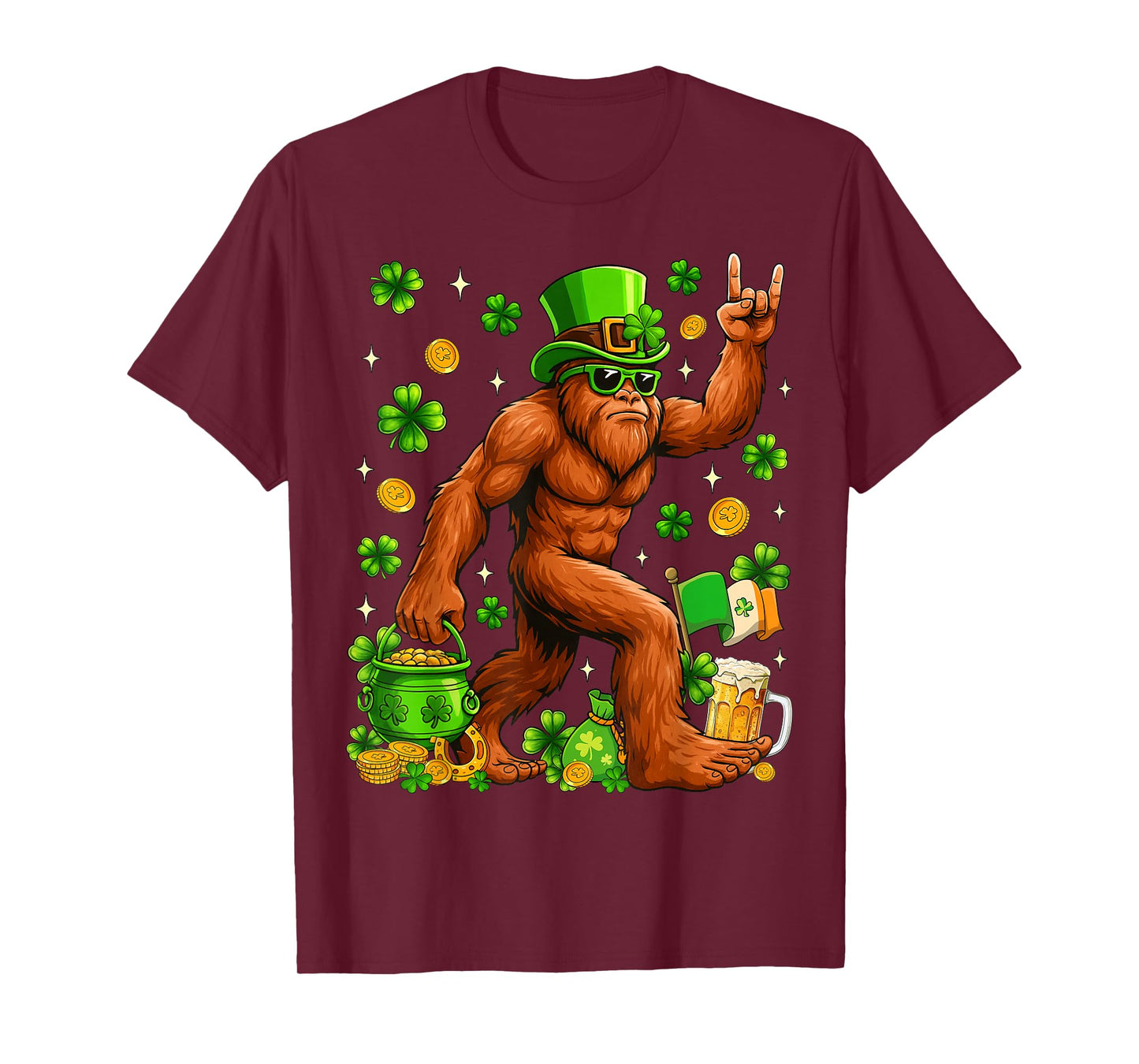 St Patricks Day Bigfoot Sasquatch Shamrock Men Women Kids T-Shirt