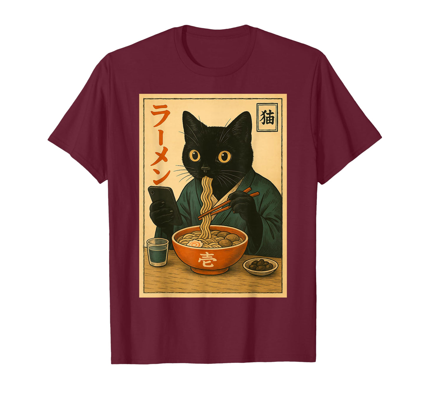 Funny Black Cat Eat Ramen Japan Japanese Outfit Men Women T-Shirt