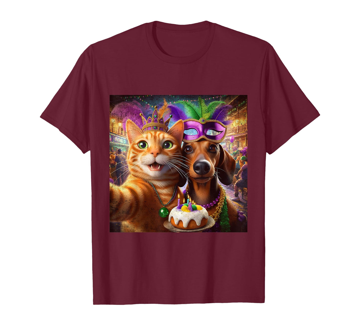 Funny Mardi Gras Cat Dachshund Selfie Squad T-Shirt