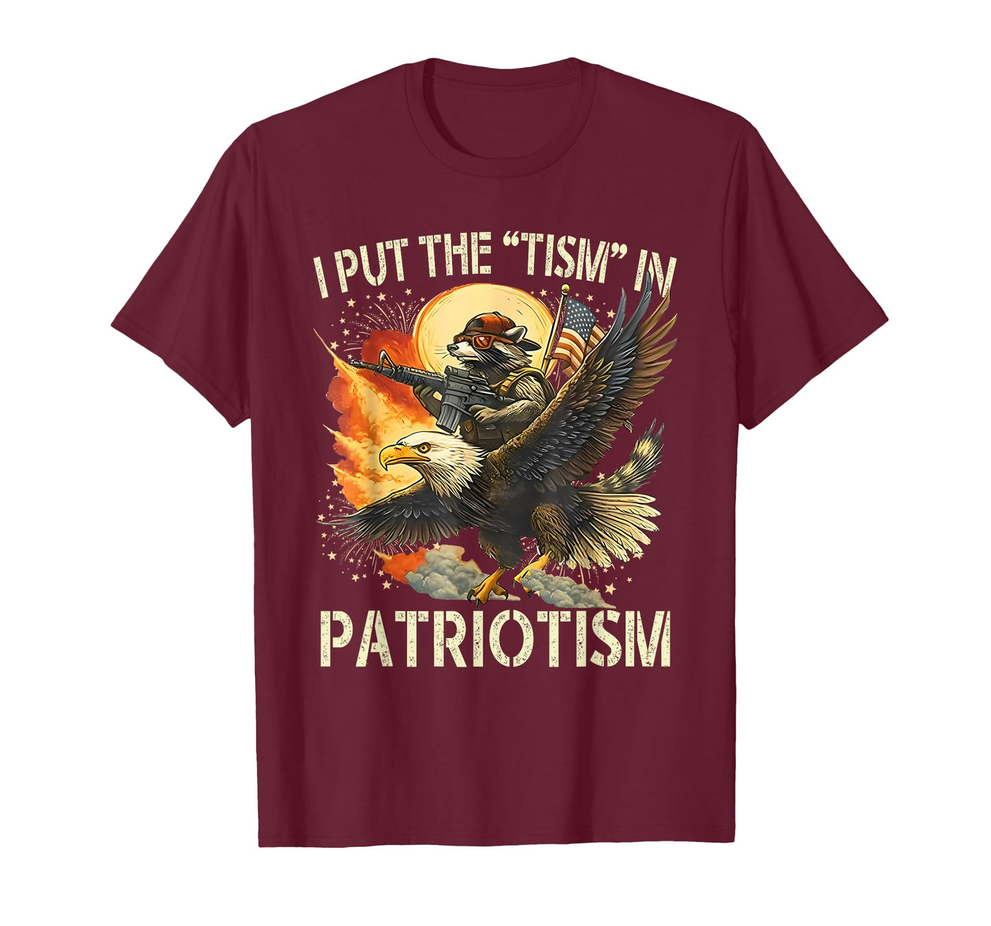 I Put The “Tism” in Patriotism Retro Eagle Raccoon USA Flag T-Shirt