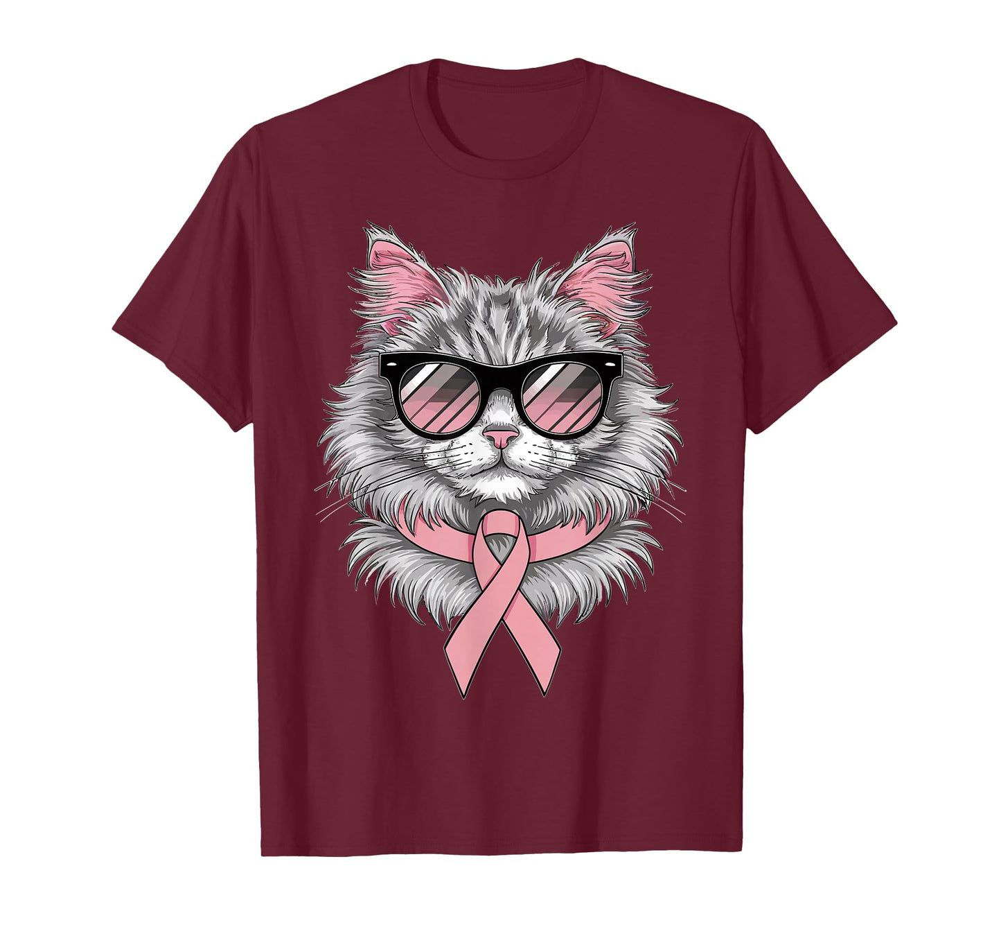 Cat Breast Cancer Awareness Cool Pink Ribbon Support T-Shirt