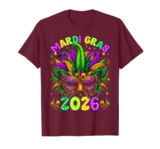 Mardi Gras Carnival New Orleans 2026 Jester Mask Beads Women T-Shirt