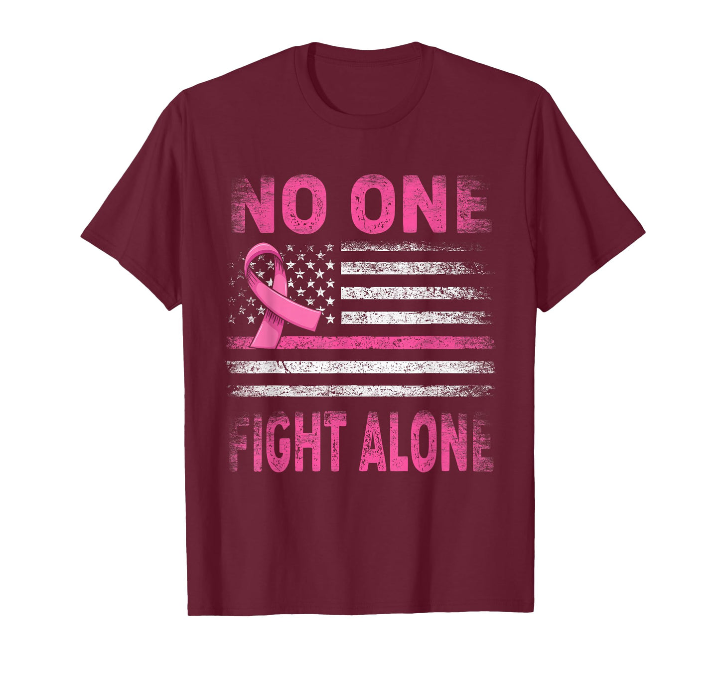 No One Fights Breast Cancer Alone American Flag Pink Ribbon T-Shirt