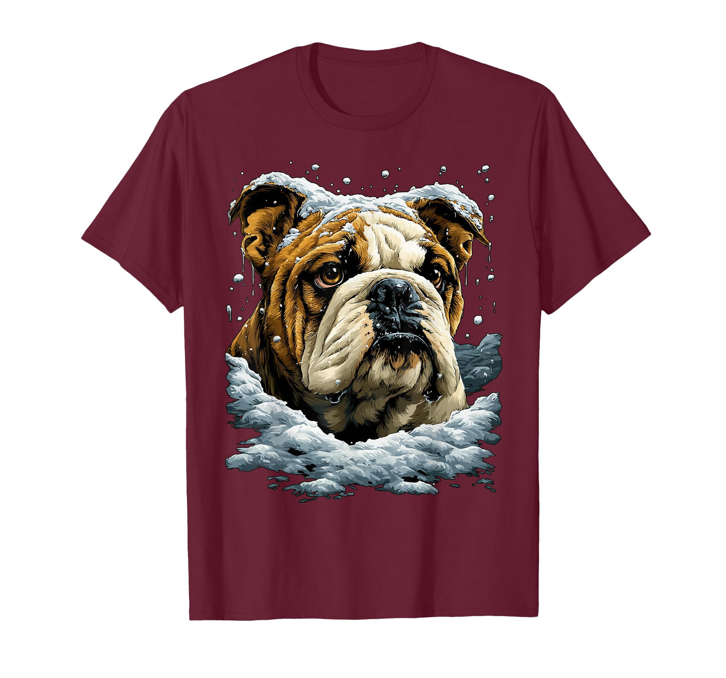 Snowy British Bulldog with Snow and Snowflakes Winter Dog T-Shirt