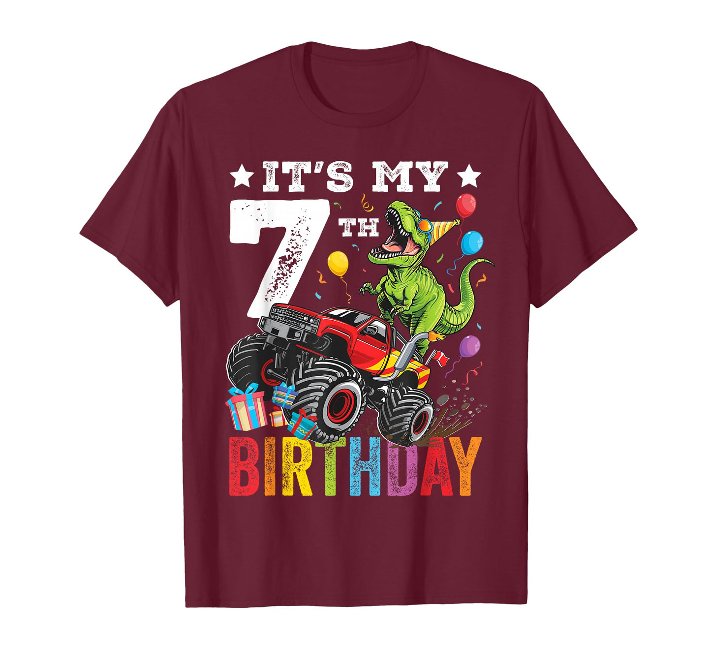 Seven 7th Birthday Dinosaur Monster Truck T-Shirt
