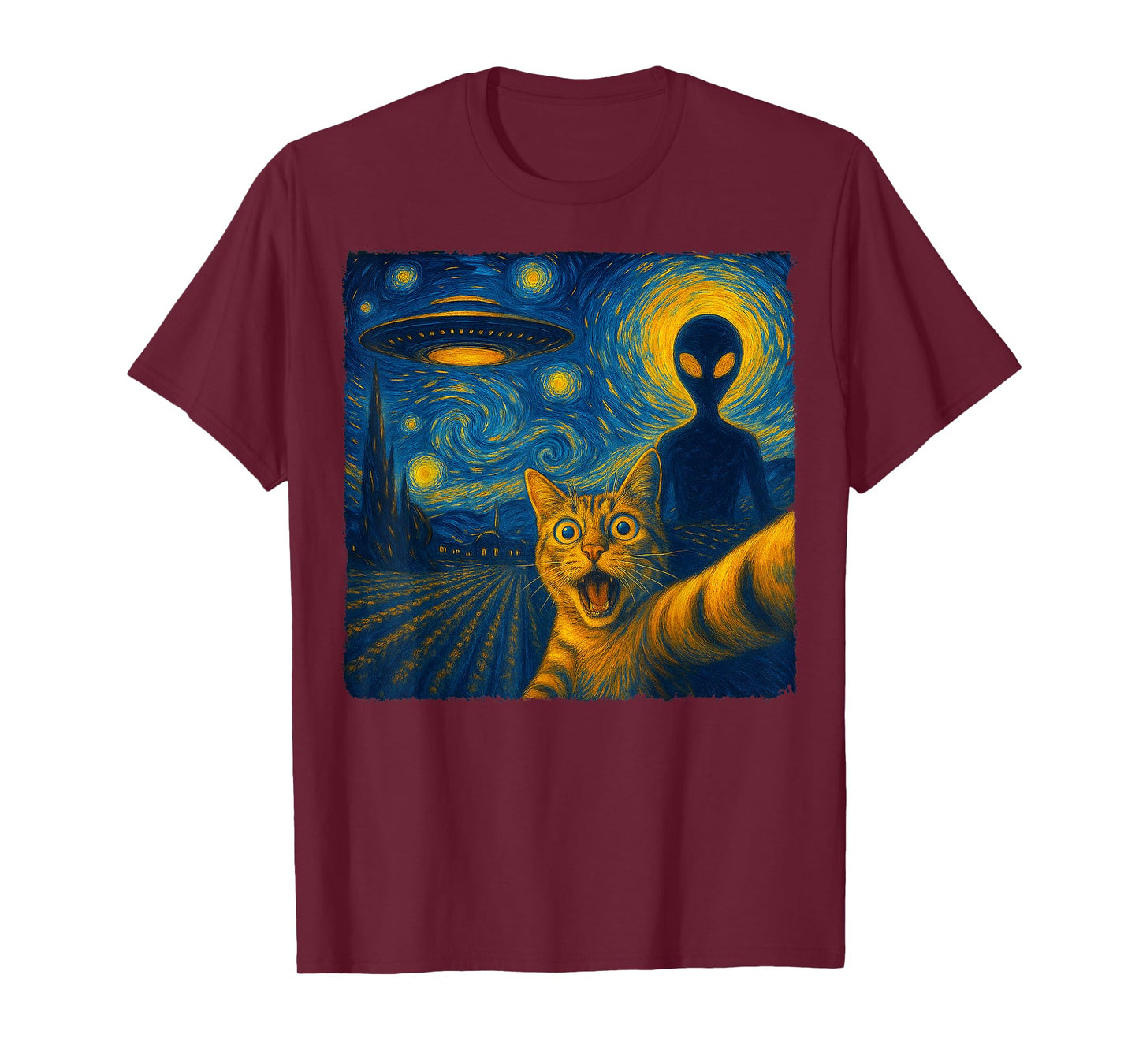 Cat Selfie with Alien UFO Van Gogh Art Gifts Men Women Kid T-Shirt