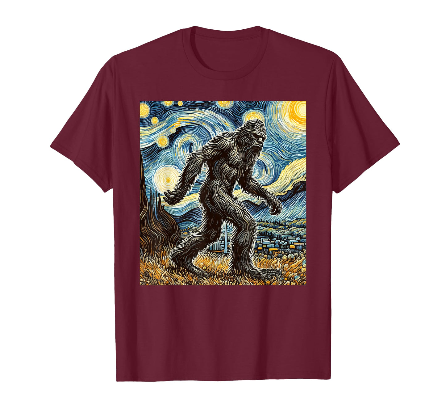 Funny Bigfoot Starry Night Sasquatch Van Gogh Sky Painting T-Shirt