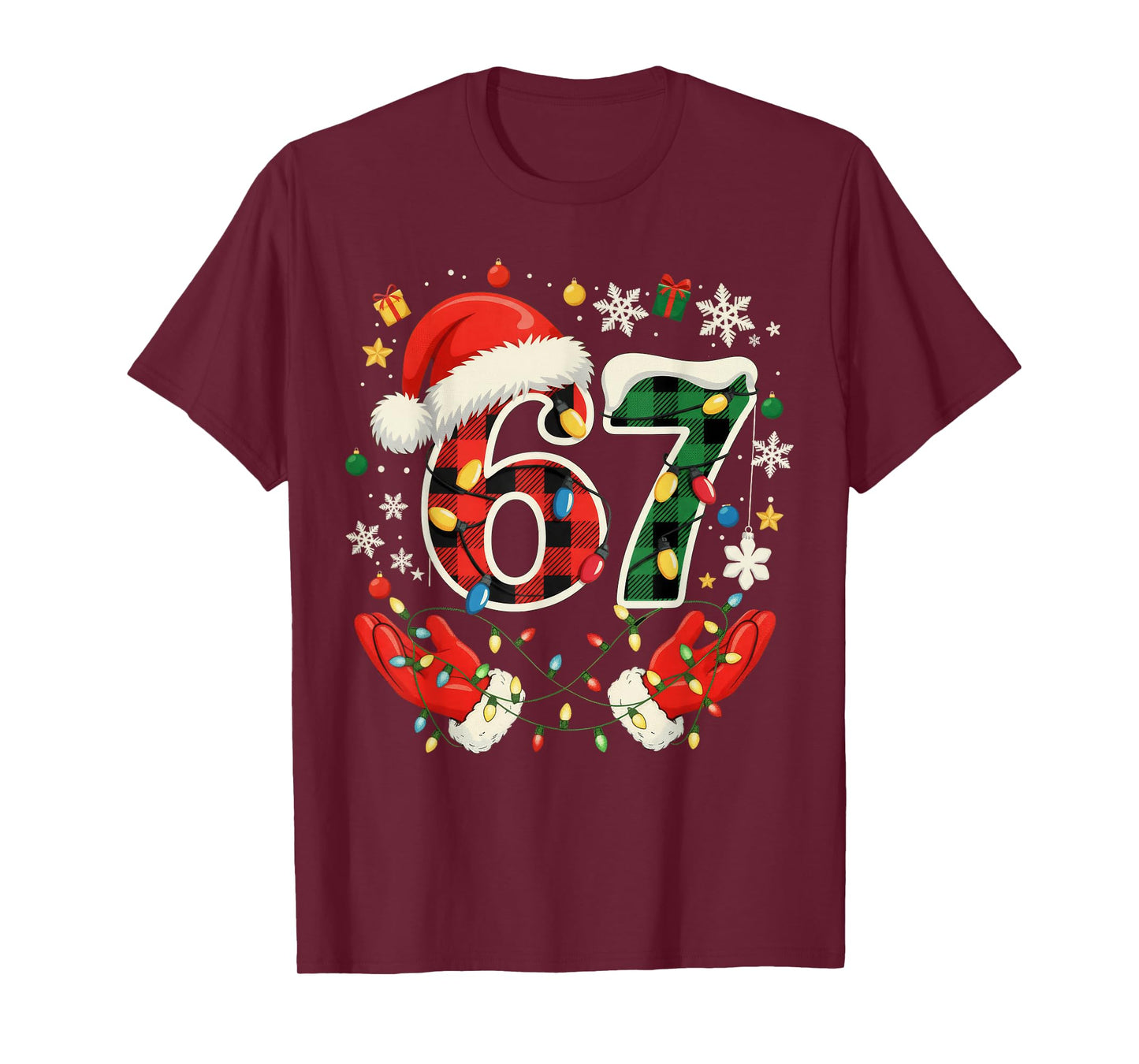 67 Red Green Plaid Lights 6 7 Funny Boys Kids Winter Holiday T-Shirt