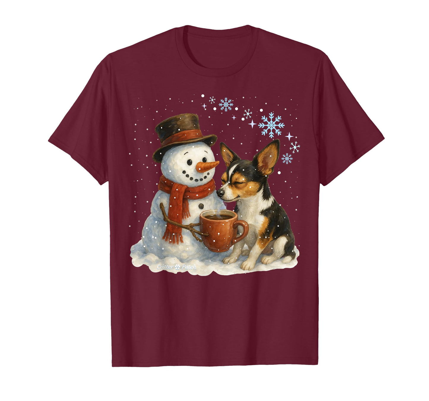 Tricolor Chihuahua and Snowman Friends Share Coffee in Snow T-Shirt