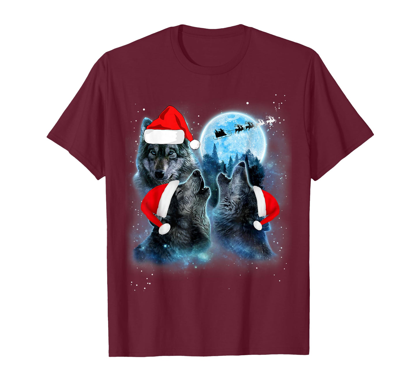 Three Wolves Howling Under Moon Christmas Santa Wolf Lover T-Shirt