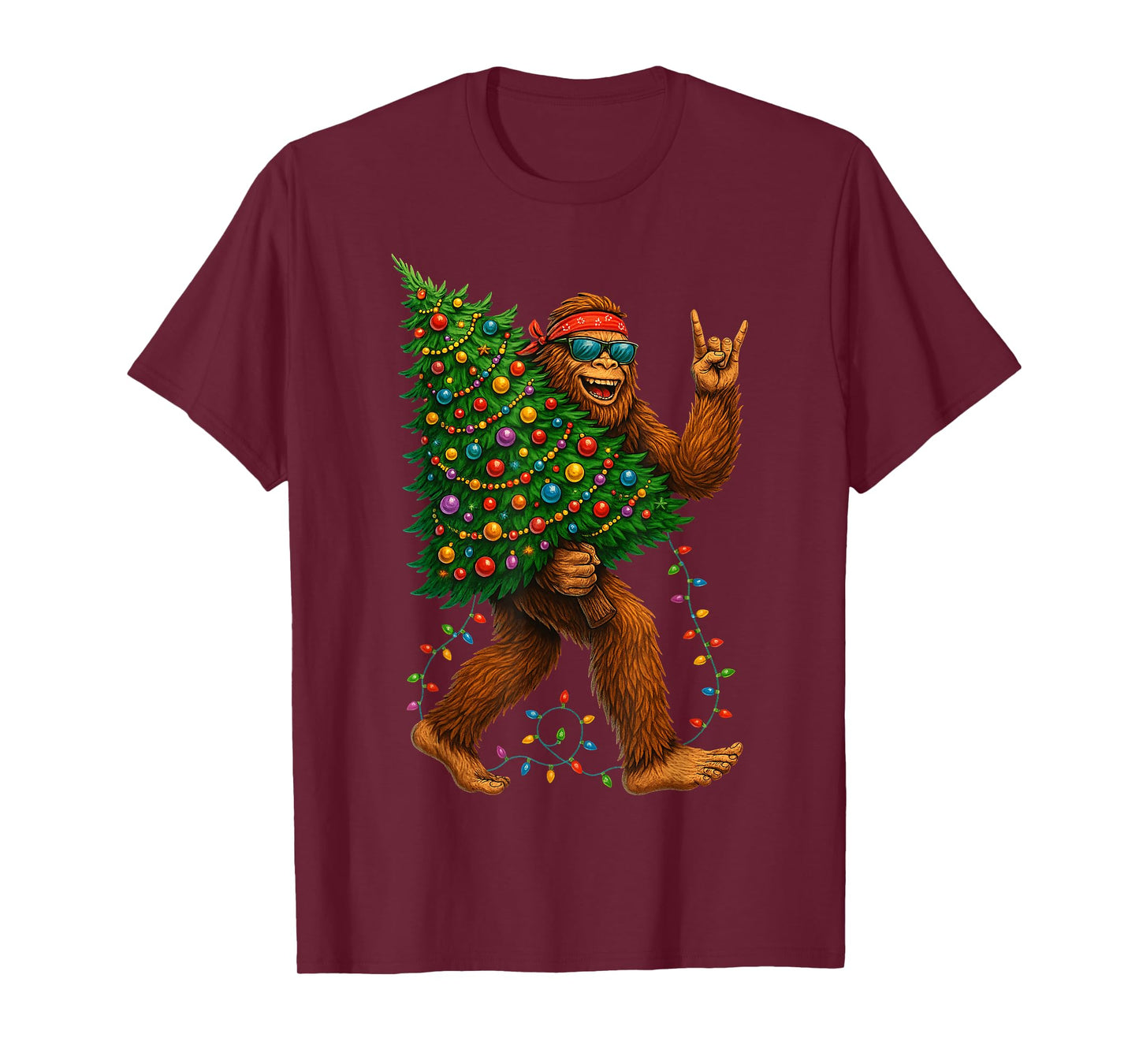 Rockin Christmas Bigfoot Carrying Tree Fun Xmas Rock n Roll T-Shirt