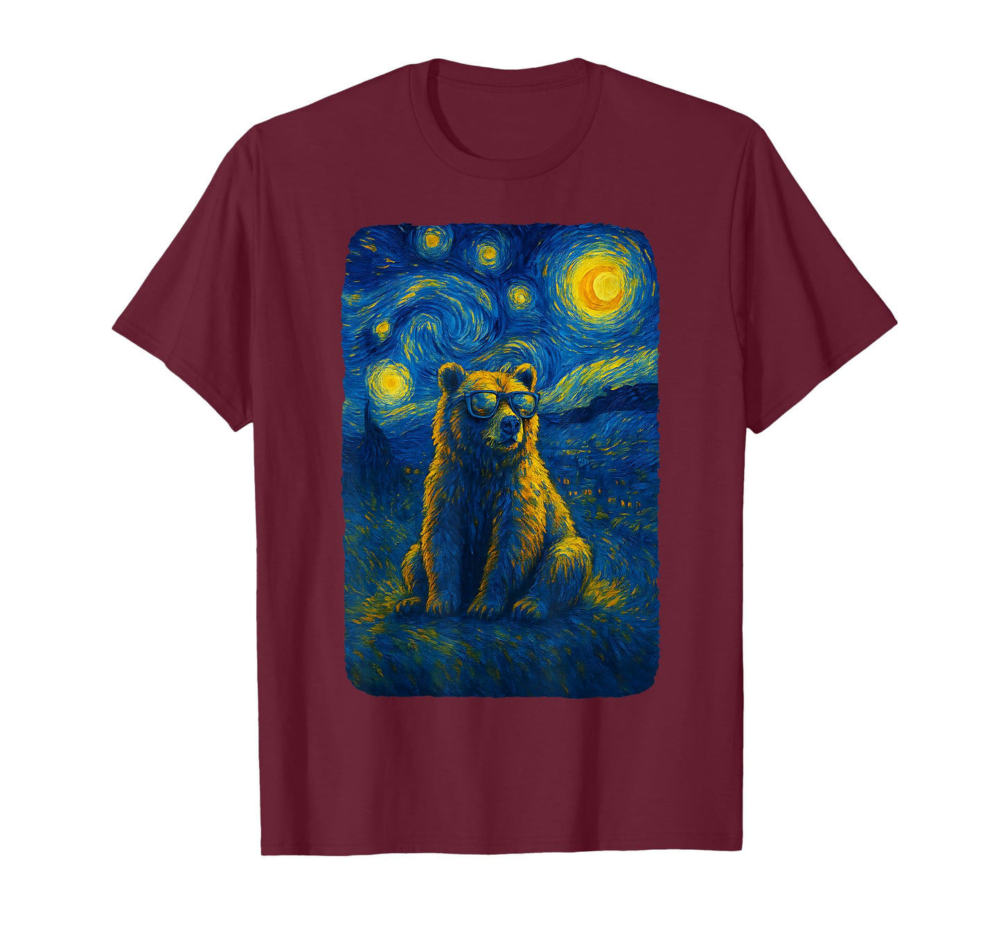 Bear Starry Funny Night Grizzly Bear in Sunglasses Van Gogh T-Shirt