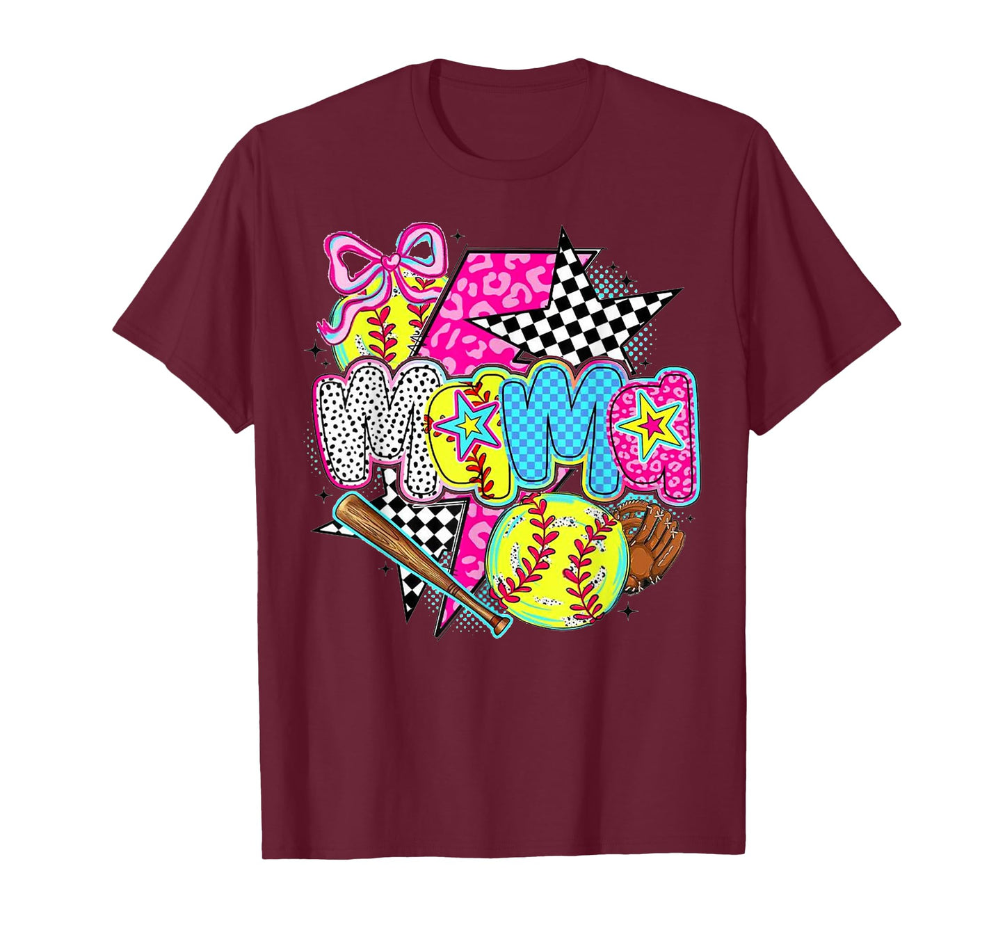 Softball Mama Game Day Leopard Checkered Mom Retro T-Shirt