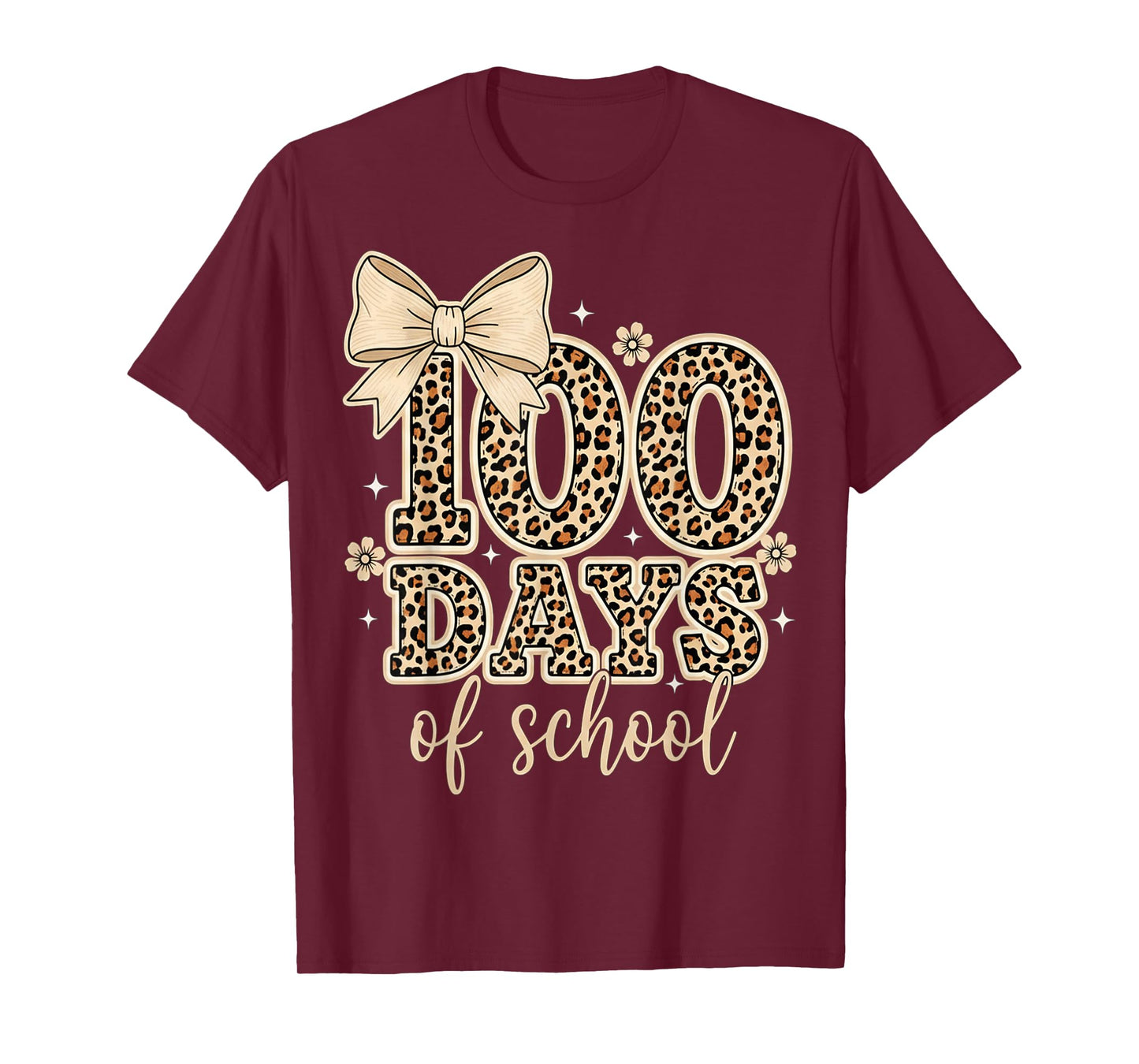 100 Days of School Leopard Coquette Bow Teacher Girls Women T-Shirt