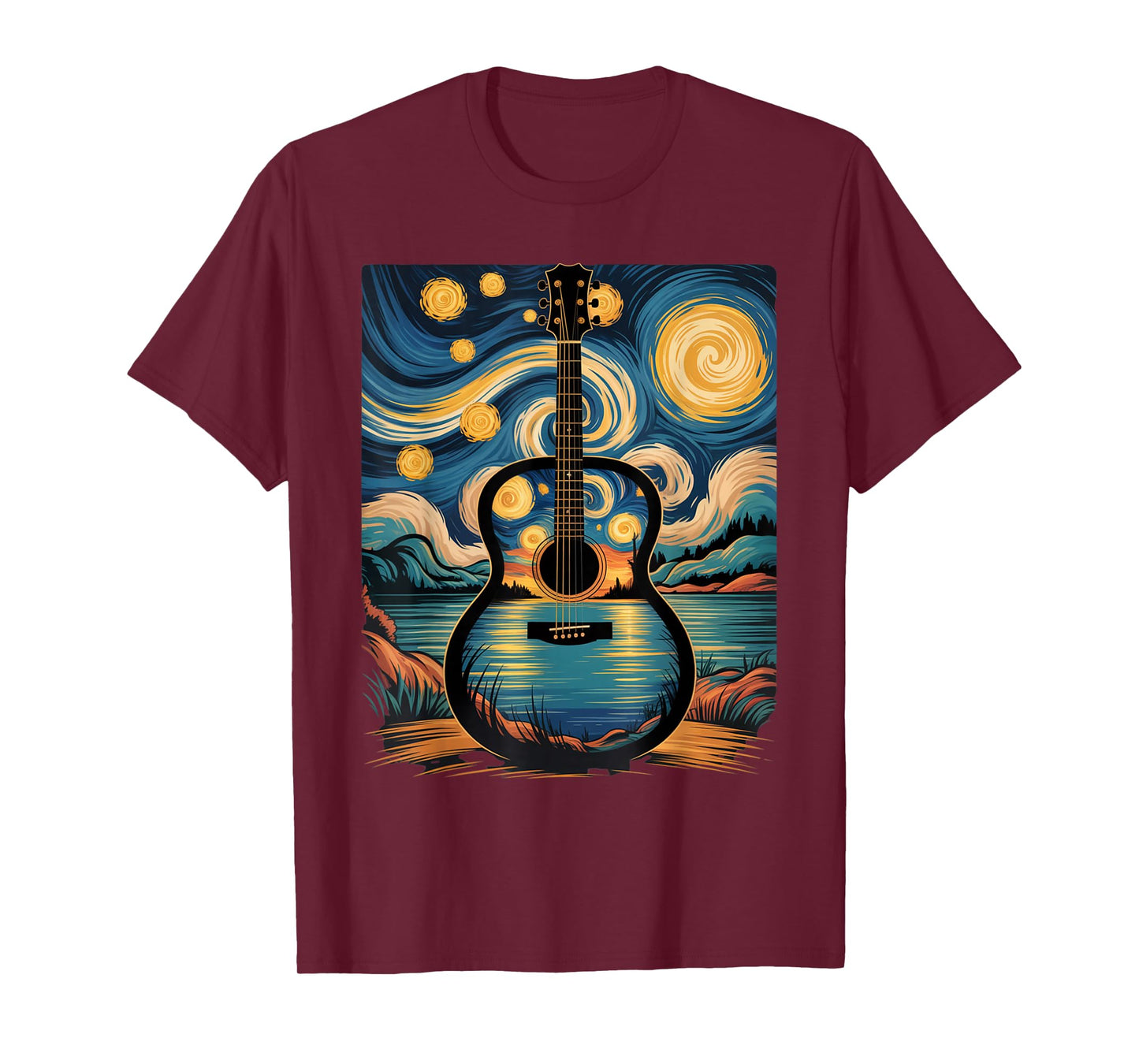 Guitar Lake Starry Night Music Guitarist Van Gogh Funny Gift T-Shirt