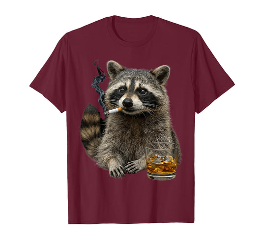 Raccoon Smoking Cigarette Whisky Lover Funny Raccoon T-Shirt